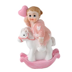 Deko Baby Mädchen auf Schaukelpferd in Rosa, 85 mm