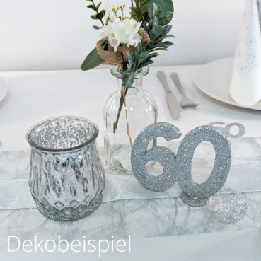 Dekobeispiel - Jubiläumszahl 60 in Silber glitzernd zum Aufstellen, 10 cm