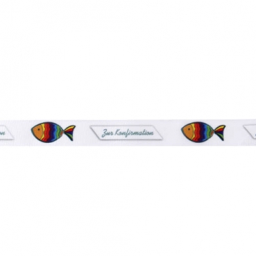 Tischband, Schleifenband Regenbogenfisch -Zur Konfirmation-, 15 mm Tischband, Schleifenband Regenbogenfisch -zur Konfirmation-, 15 mm.