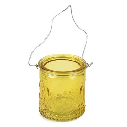 Teelichtglas Lilienmotiv mit Henkel in Gelb