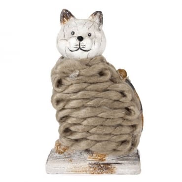 Holzoptik Katze mit Wolle, 15 cm