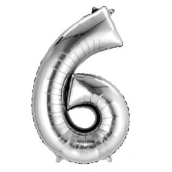 Folien Zahlenluftballon 6 in Silber, ohne Helium verwendbar, 45 cm hoch