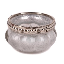 Teelichtglas Vintage mit Metallrand in Weiß-Silber, 60 mm