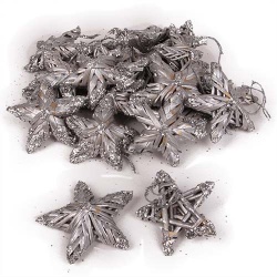 20 Stroh Sterne, Christbaumschmuck in Silber Glitzer, 50 mm