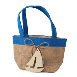 Jute Geschenke Tasche mit Segelboot in Blau/Braun