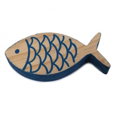 Holz Fisch in Hellbraun/Blau, 10 cm