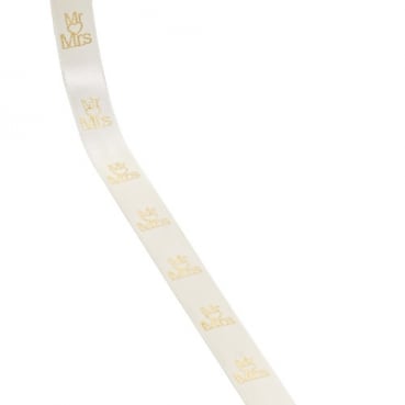 20 Meter Satin Tischband, Hochzeit -Mr & Mrs- in Creme/Gold, 15 mm