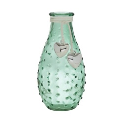 Glas Flaschen Väschen genoppt mit Herzanhänger, in Grün, 14 cm