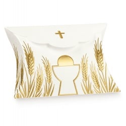 Bonboniere Kommunion, Konfirmation, Kreuz, Kelch, Ähren in Creme/Gold, 80 mm