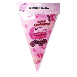 10 Meter Wimpelkette Baby, -Hurra! Ein Mädchen!- in Rosa