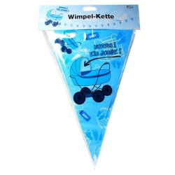 10 Meter Wimpelkette Baby, -Hurra! Ein Junge!- in Hellblau