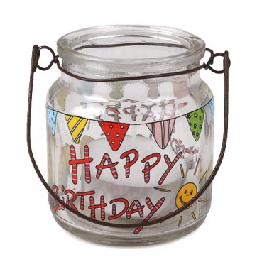 Windlicht mit Henkel -Happy Birthday- inkl. Teelicht, 65 mm