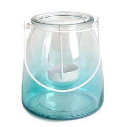 Glas Windlicht mit Metalleinsatz, irisierend in Türkis/Klar, 13 cm