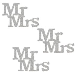 6 Streuteile Hochzeit, Mr & Mrs in Silber glitzernd, 80 mm