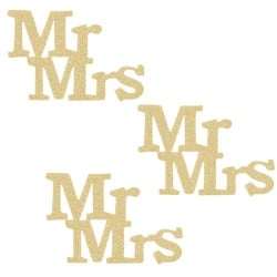 6 Streuteile Hochzeit, Mr & Mrs in Gold glitzernd, 80 mm