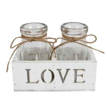 Weißes Holzgestell LOVE mit 2 Väschen, Vintage Hochzeit, 13 cm