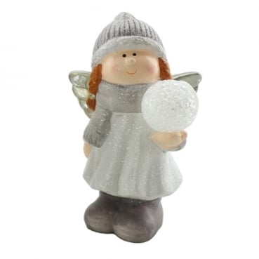 Großer Deko Winter Engel, Mädchen, LED Kugel in Weiß/Grau glitzernd, 21 cm