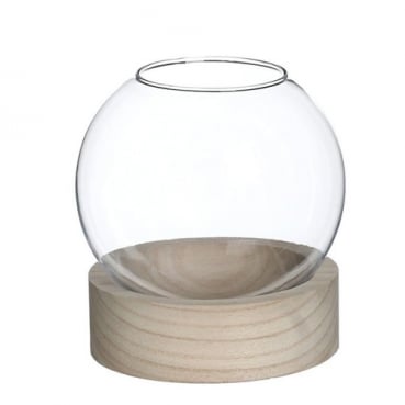 Windlichtglas, Kugelvase auf Holzsockel, 14 cm