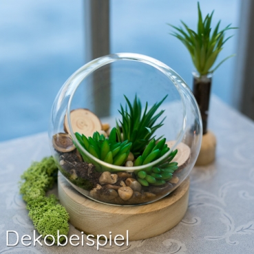 Windlichtglas, Kugelvase auf Holzsockel, 14 cm Windlichtglas, Kugelvase auf Holzsockel, 14 cm