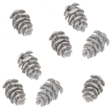 8 Mini Tannenzapfen in Silber glitzernd, 25 mm