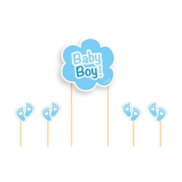 5 Deko Stecker für Tortendeko - Baby Boy! & Babyfüßchen - in Blau,  17 cm