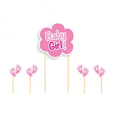 5 Deko Stecker für Tortendeko - Baby Girl! & Babyfüßchen - in Rosa,  17 cm