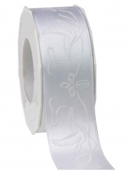 2 Meter Tischband Hochzeit Athen, Tauben, Ringe in Weiß, 40 mm Tischband zur Hochzeit mit Tauben und Ringen in Weiß.