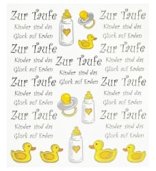 Klebe Sticker Zur Taufe mit Schriftzug und Motiven in gelb