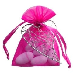 Gastgeschenk Mandelsäckchen Organza in Pink mit Herz in Silber