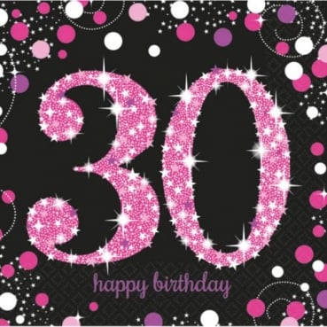 16er Pack Servietten Funkelnde 30, Geburtstag in Pink, 33 x 33 cm
