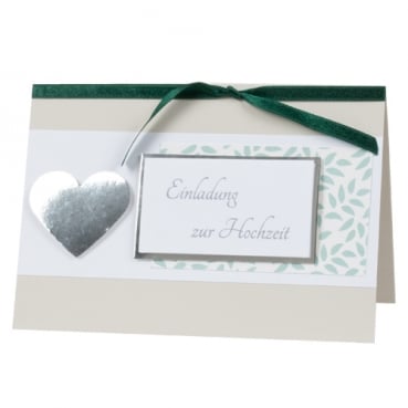 Einladungskarte Hochzeit, Herzen in Mint/Silber