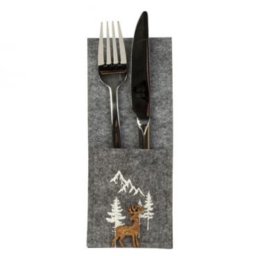 Filz Bestecktasche mit ländlichem Motiv und Hirsch aus Kork, in Grau Meliert, 20 cm