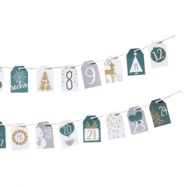 24 Adventskalender Zahlen Kärtchen mit Schnur zum Aufreihen in Grün/Grau, 45 mm 24 Adventskalender Zahlen Kärtchen mit Schnur zum Aufreihen in Grün/Grau, 45 mm.