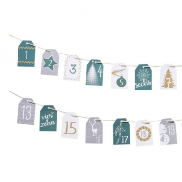24 Adventskalender Zahlen Kärtchen mit Schnur zum Aufreihen in Grün/Grau, 45 mm 24 Adventskalender Zahlen Kärtchen mit Schnur zum Aufreihen in Grün/Grau, 45 mm.