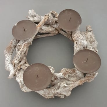 Holz Adventskranz mit 4 Metall Kerzenhaltern, in Grau-Braun geweißt, 30 cm