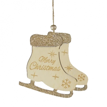 Holz Christbaumschmuck, Schlittschuhe in Hellbraun/Gold glitzernd, 11,5 cm