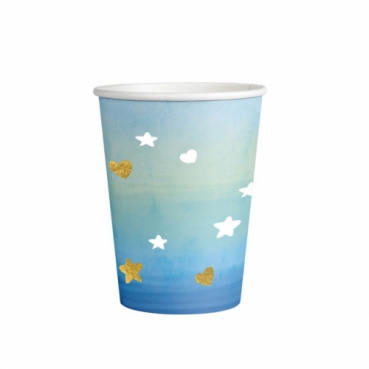 8er Pack Becher Babyparty, Herzen & Sterne in Blau/Gold metallic