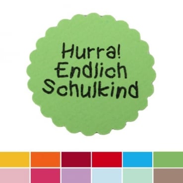 5 Buttons Einschulung -Hurra! Endlich Schulkind- in 12 Farben, 38 mm