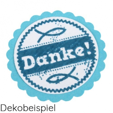 Dekobeispiel Button, Verzierung Danke, Kreisstanzer und Kreisstanzer gezahnt.