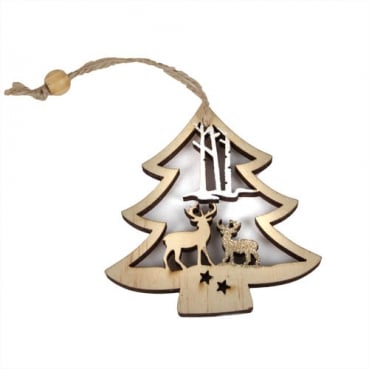 6 Holz Christbaumschmuck, Geschenkanhänger, Tannenbaum, Winterwald, 83 mm