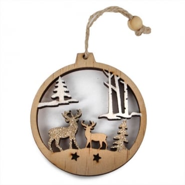 6 Holz Christbaumschmuck, Geschenkanhänger, Kugel, Winterwald, 80 mm