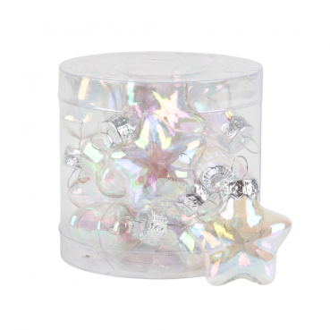 12 Mini Glas Christbaumschmuck-Sterne, klar mit Perlmuttglanz, 40 mm