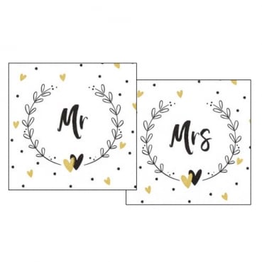 20er Pack Cocktail-Servietten Hochzeit, Set 10 + 10, -Mr, Mrs- 25 x 25 cm