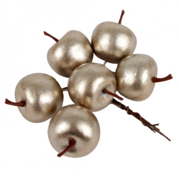 6 Deko Äpfel am Draht für Adventskränze, Gestecke in Champagner, 32 mm