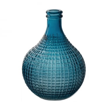 Glas Flaschen Väschen, bauchig, gemustert in Blau, 15 cm