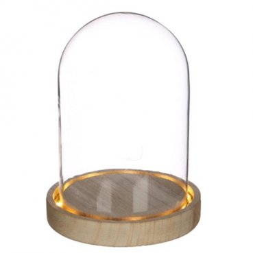 Deko Glas Glocke auf Holzsockel mit LED Beleuchtung, 16,5 cm