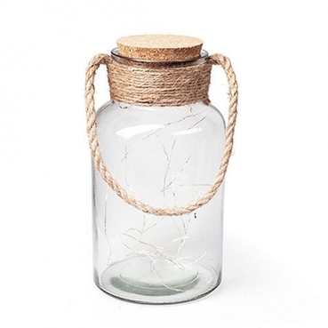 Deko Glas mit Sisal, Kork mit LED Lichtdraht, zum Aufhängen und Hinstellen, 26 cm