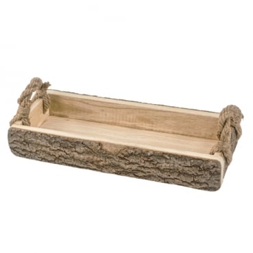 Rustikales Holz Tablett mit Baumrinde und Seilhenkel, 42 x 17,5 cm