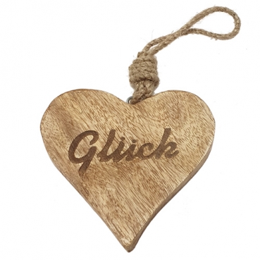 Herz aus Mangoholz -Glück- zum Aufhängen in Braun, 10 cm