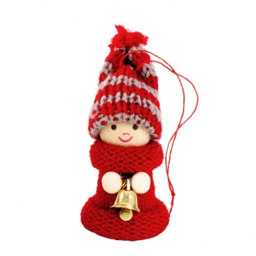 Kleiner Holz Winter Junge mit Strick zum Aufhängen in Rot, 60 mm